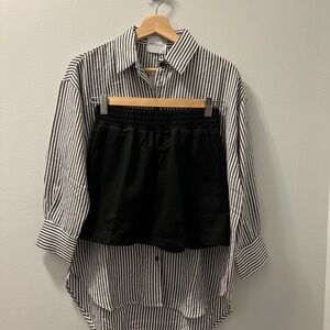 Black and White Striped Shirt with Black Skirt